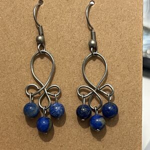 Looped‎ Metal Work Dangle Blue Bead Earrings